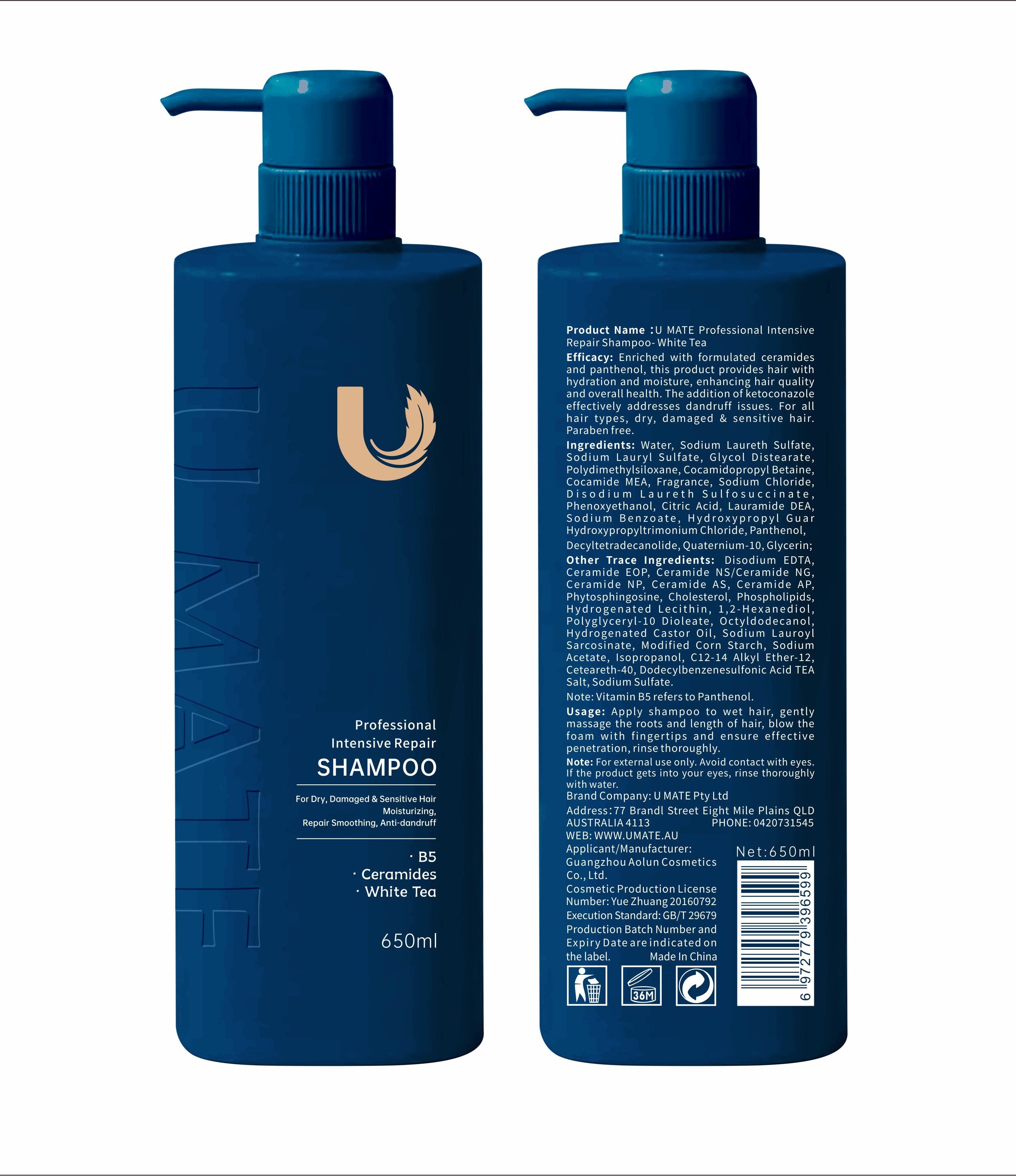 U MATE Professional Intensive Repair Shampoo- White Tea 650ml