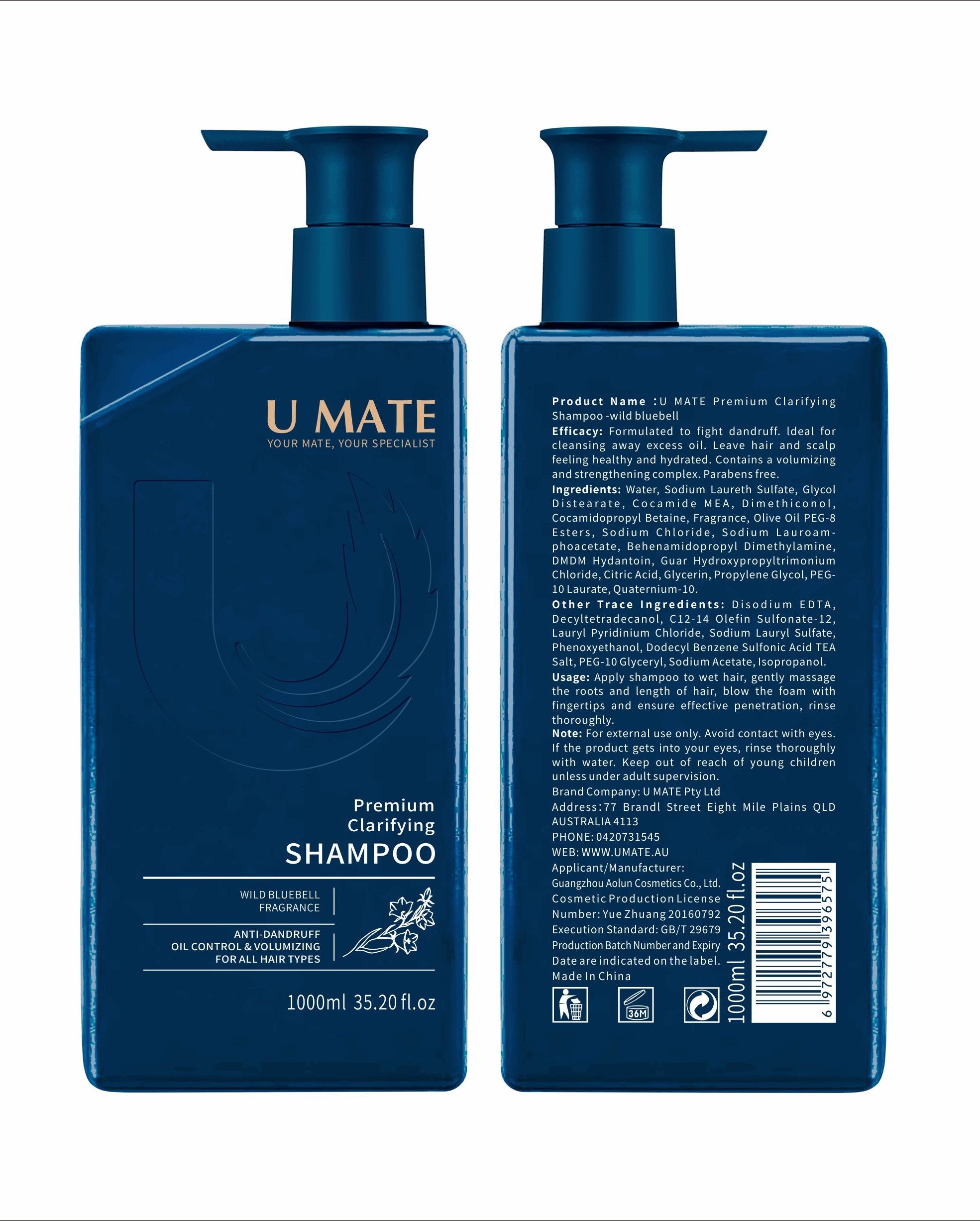 U MATE Premium Clarifving Shampoo -wild bluebell 1000ml