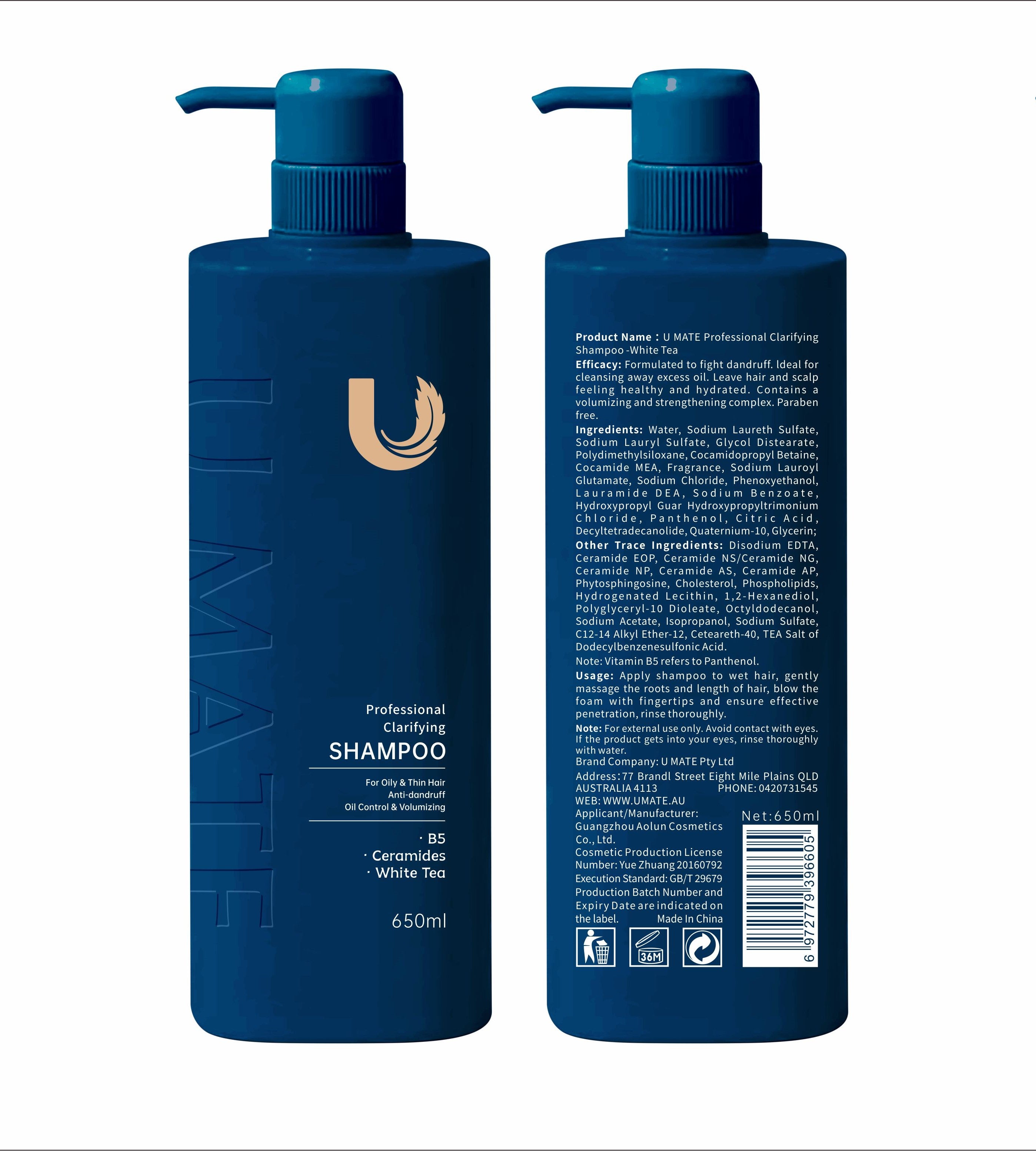 U MATE Professional Clarifying Shampoo -White Tea 650ml