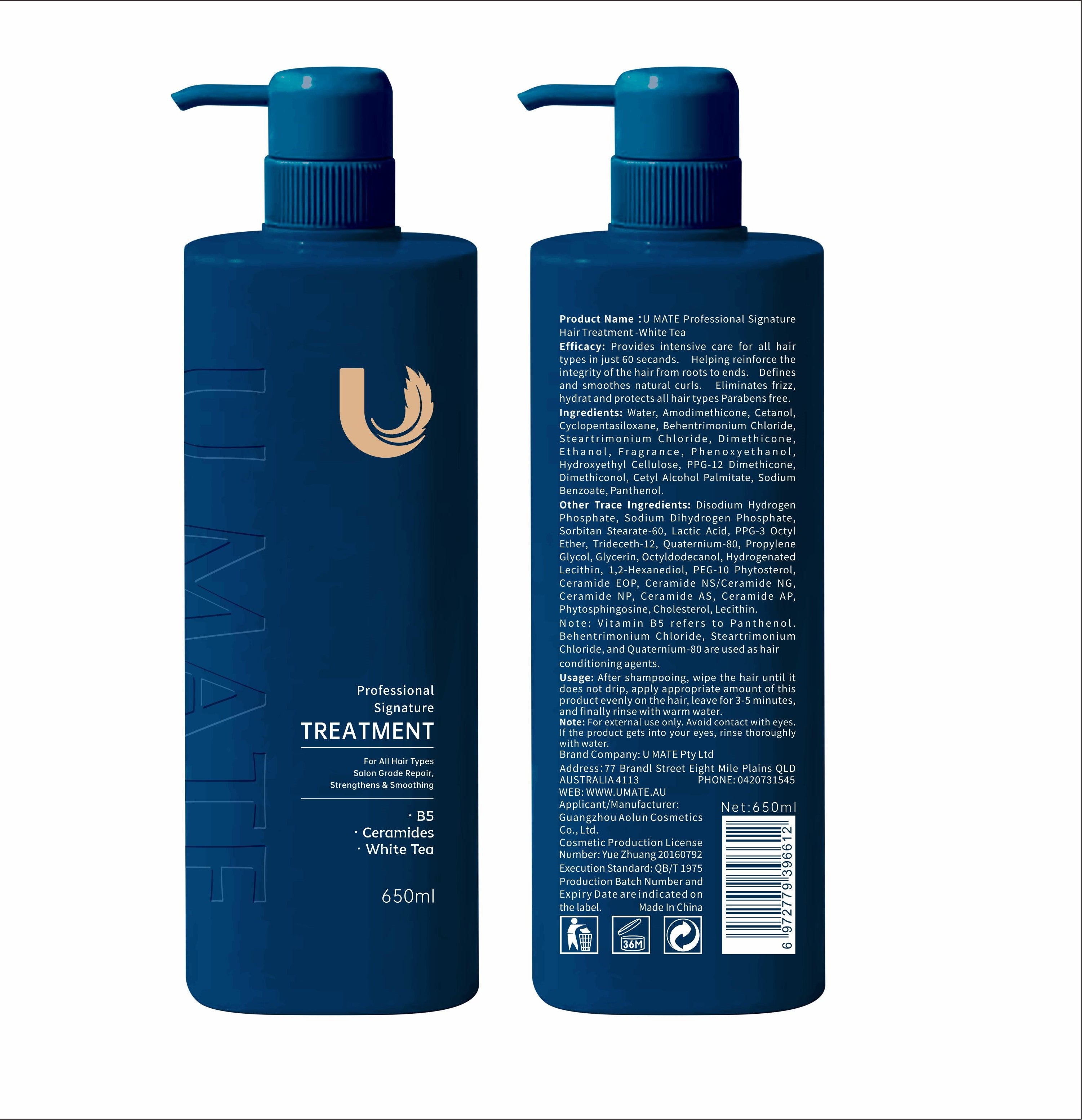 U MATE Professional Signature Hair Treatment -White Tea 650ml