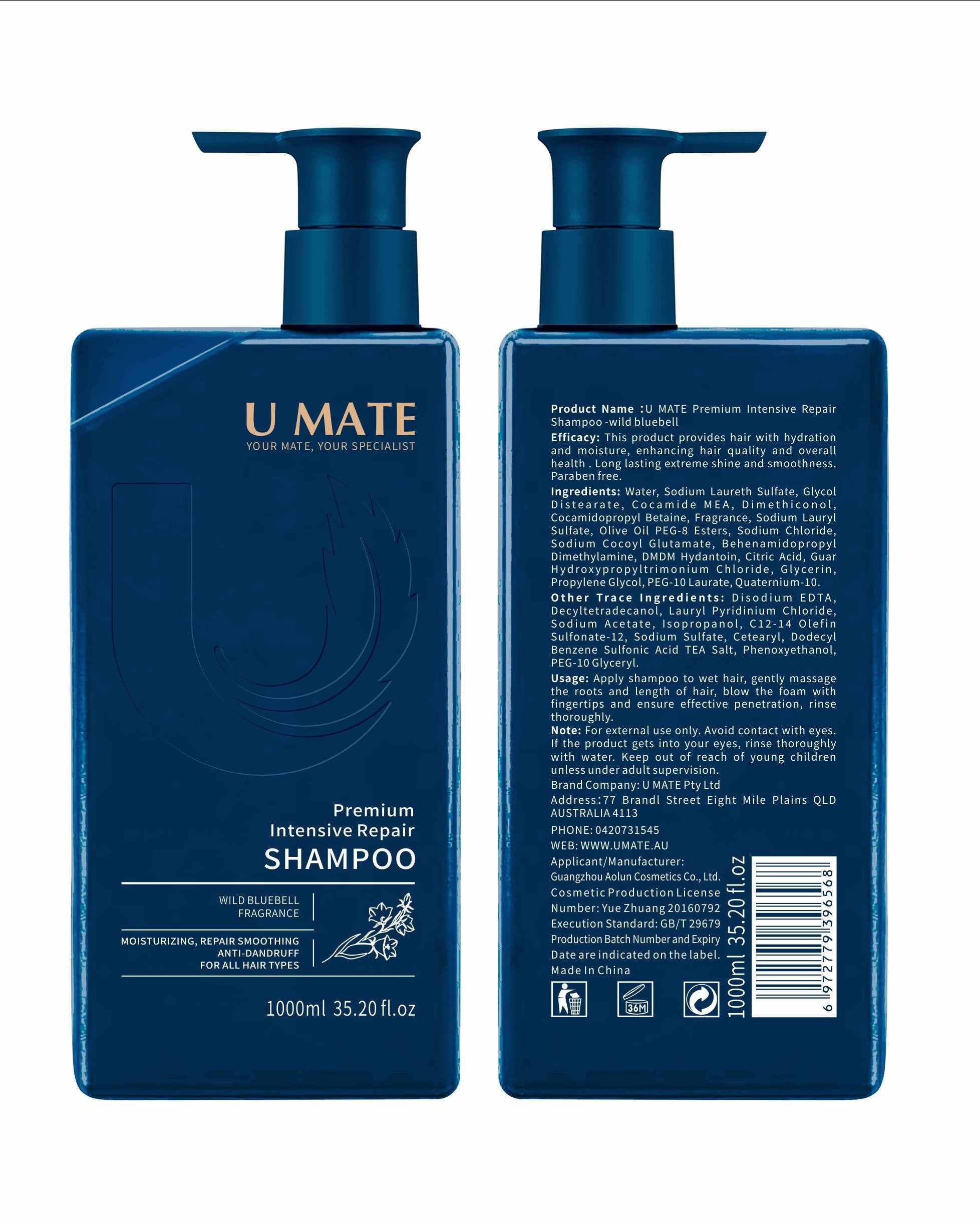 U MATE Premium Intensive Repair Shampoo – wile bluebell 1000ml